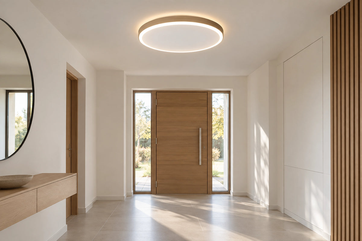 Plafonnier LED rond dans un intérieur lumineux, sous une lumière naturelle