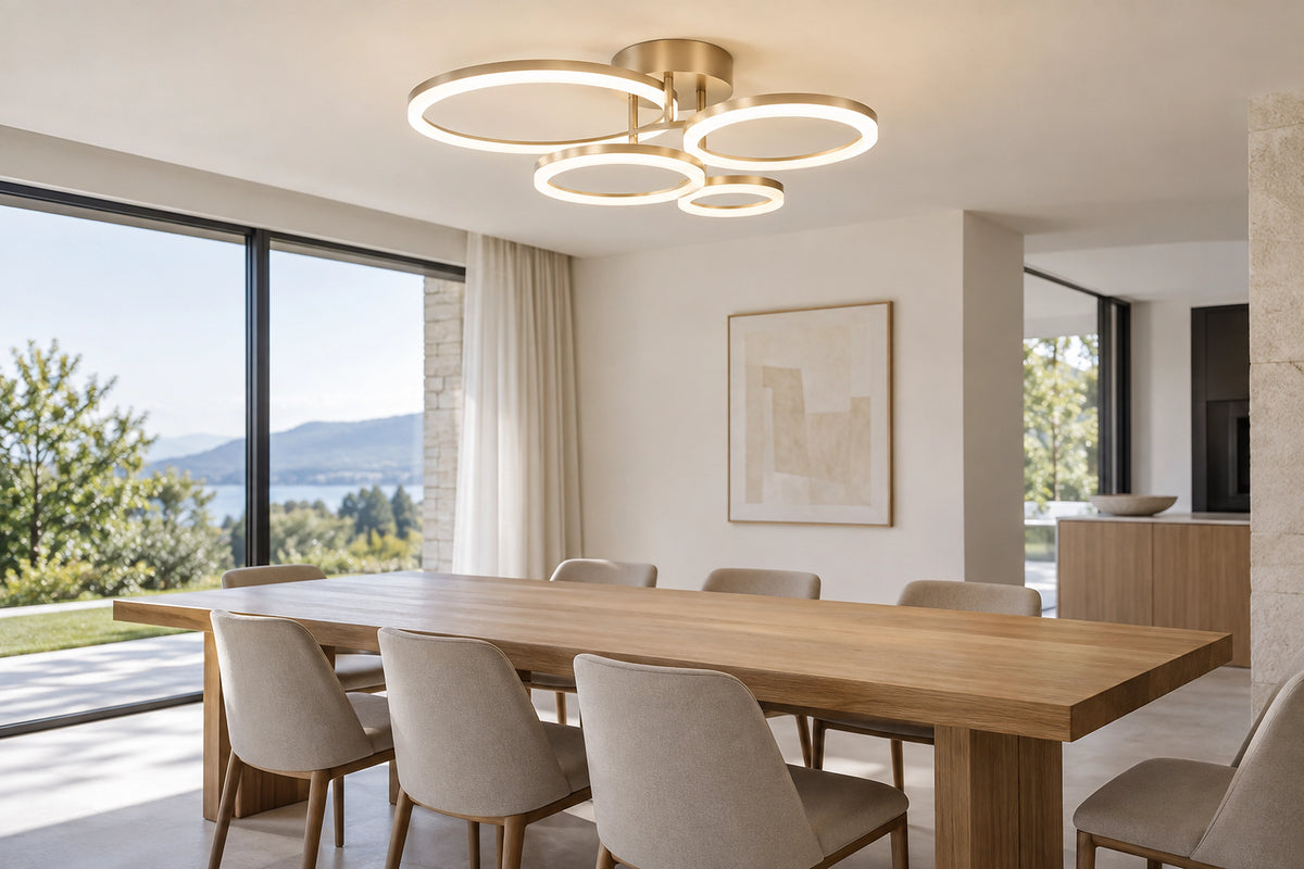 Plafonnier LED salle à manger dans une salle à manger lumineuse, sous une lumière naturelle