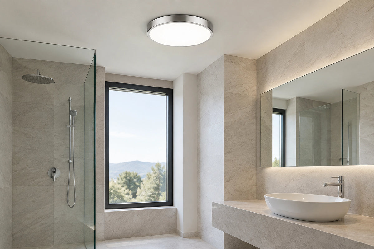 Plafonnier LED salle de bain dans une salle de bain lumineuse, sous une lumière naturelle