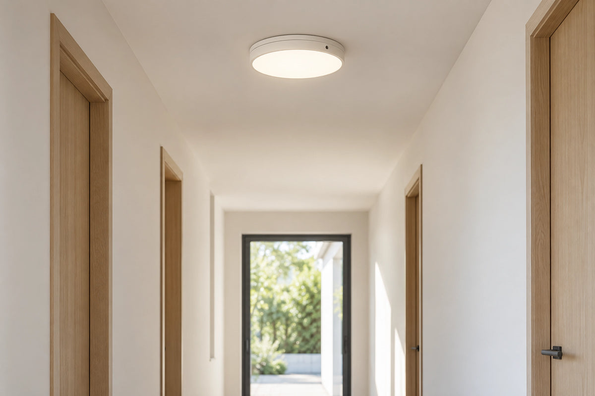 Plafonnier LED sans fil dans un intérieur lumineux, sous une lumière naturelle