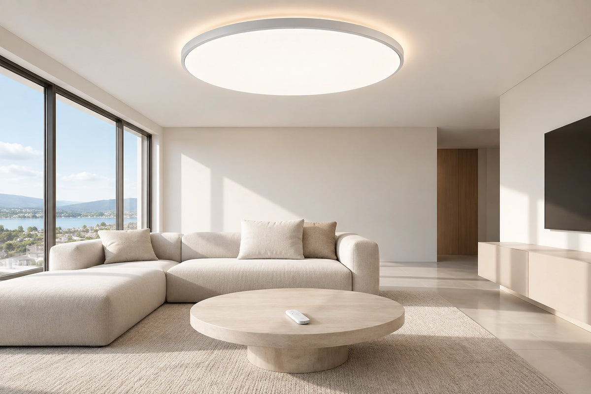 Plafonnier LED avec télécommande dans un intérieur lumineux, sous une lumière naturelle
