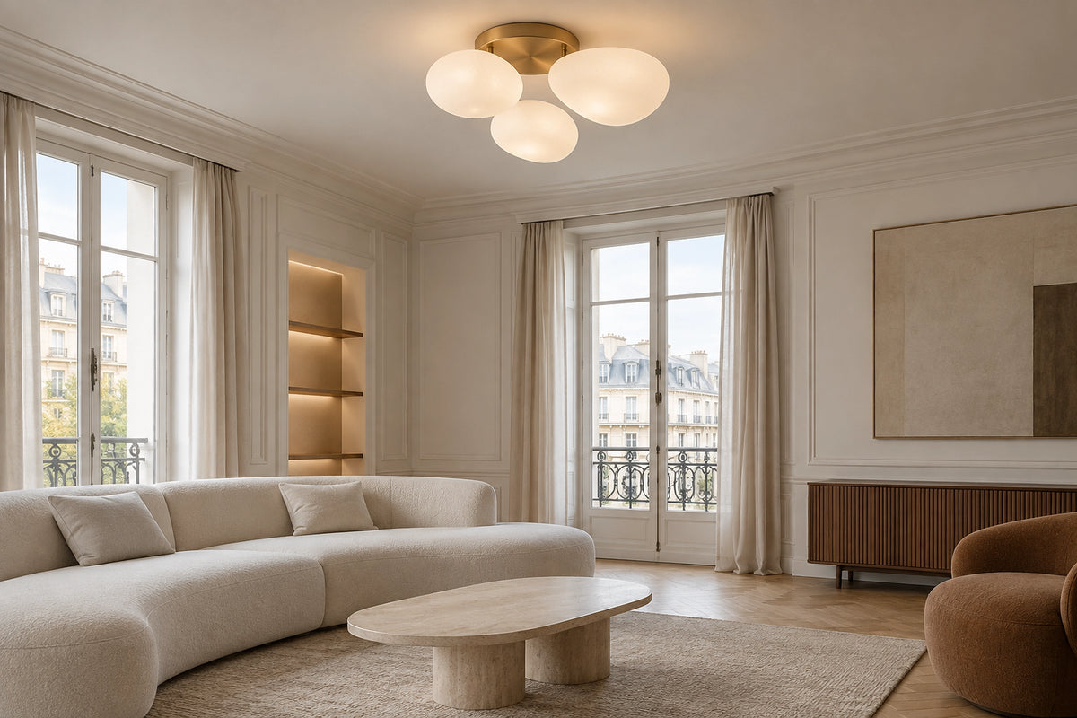 Plafonnier moderne dans un intérieur lumineux, sous une lumière naturelle