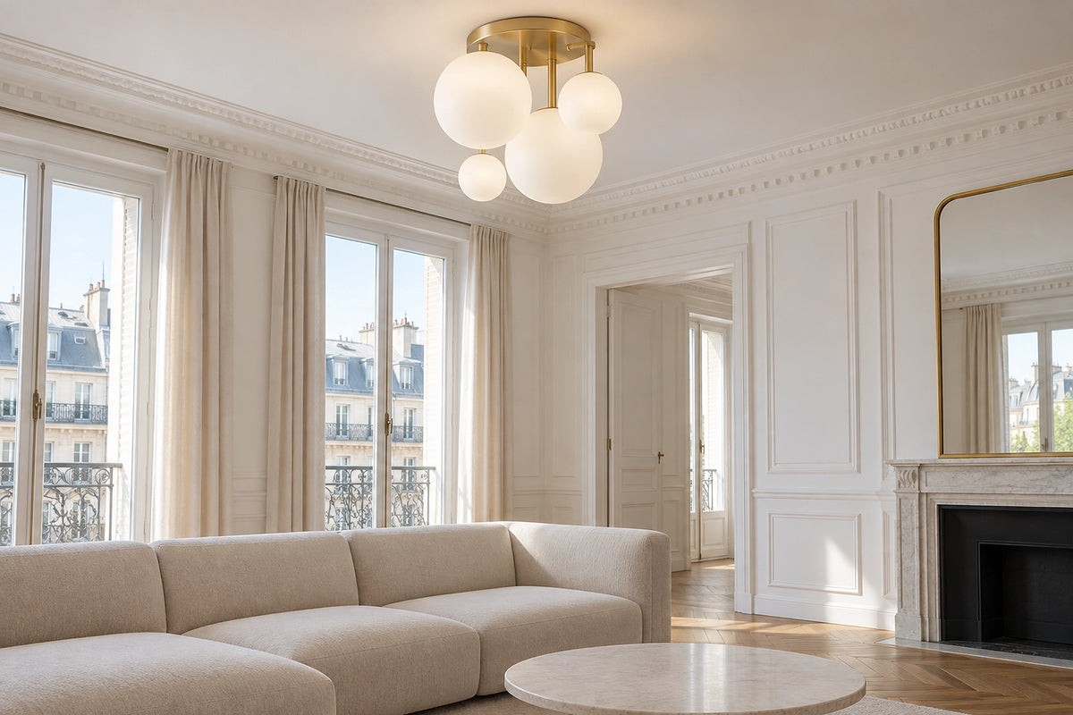 Plafonnier opaline dans un intérieur lumineux, sous une lumière naturelle