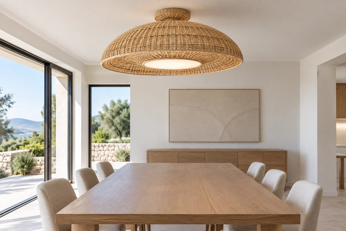 Plafonnier osier dans un intérieur lumineux, sous une lumière naturelle