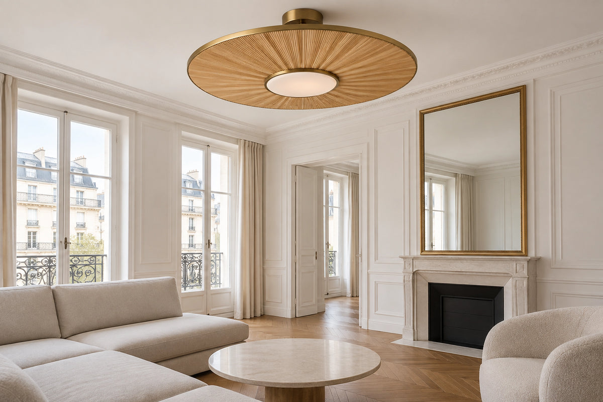 Plafonnier paille dans un intérieur lumineux, sous une lumière naturelle