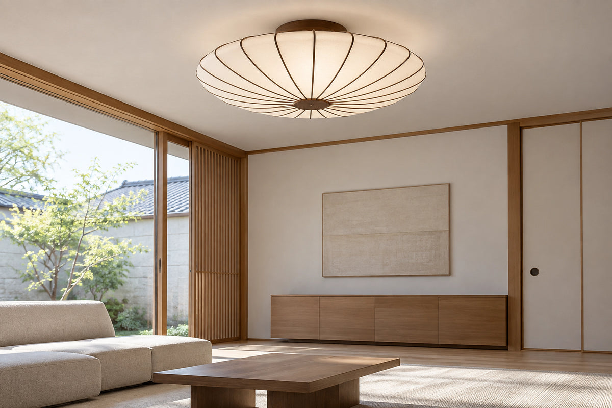 Plafonnier papier japonais dans un intérieur lumineux, sous une lumière naturelle