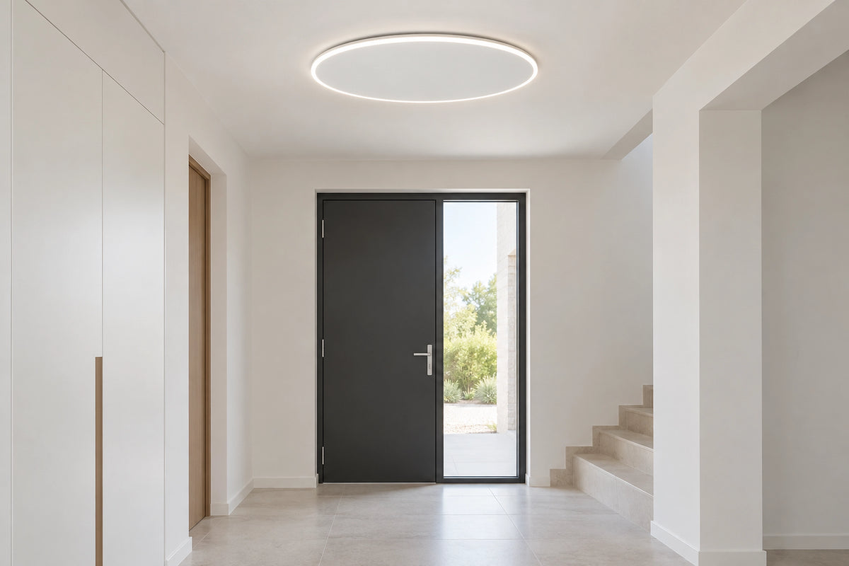 Plafonnier plat dans un intérieur lumineux, sous une lumière naturelle