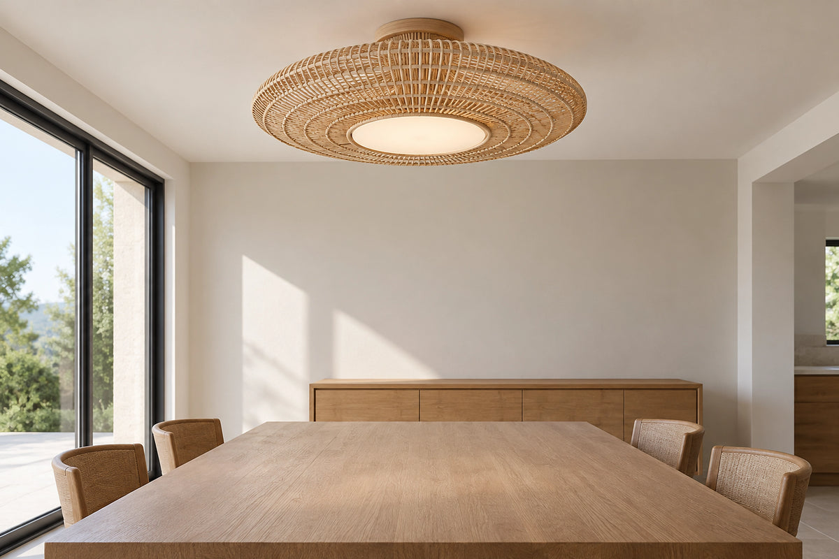 Plafonnier rotin dans un intérieur lumineux, sous une lumière naturelle