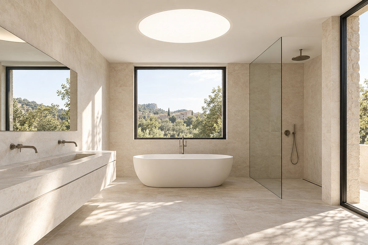 Plafonnier salle de bain encastrable dans une salle de bain lumineuse, sous une lumière naturelle