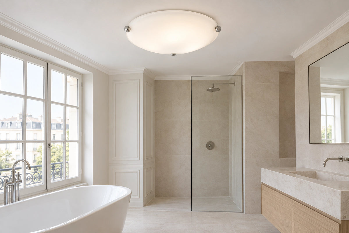 Plafonnier salle de bain rond dans une salle de bain lumineuse, sous une lumière naturelle