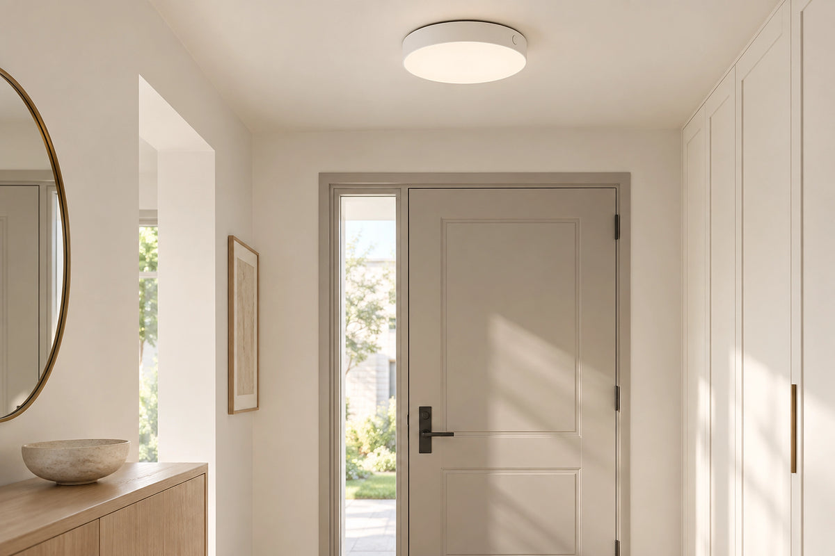 Plafonnier sans fil dans un intérieur lumineux, sous une lumière naturelle