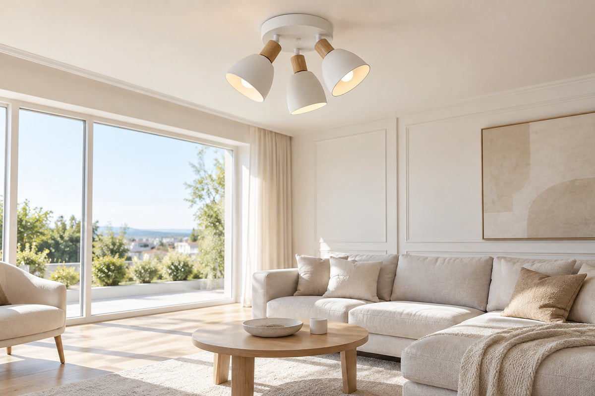Plafonnier scandinave dans un intérieur lumineux, sous une lumière naturelle