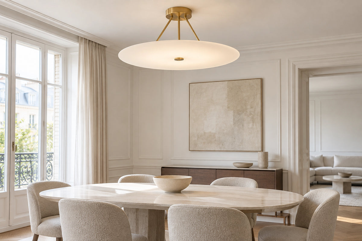 Plafonnier suspendu dans un intérieur lumineux, sous une lumière naturelle