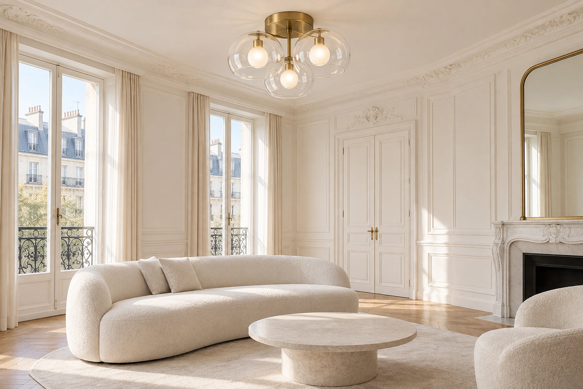 Plafonnier transparent dans un intérieur lumineux, sous une lumière naturelle