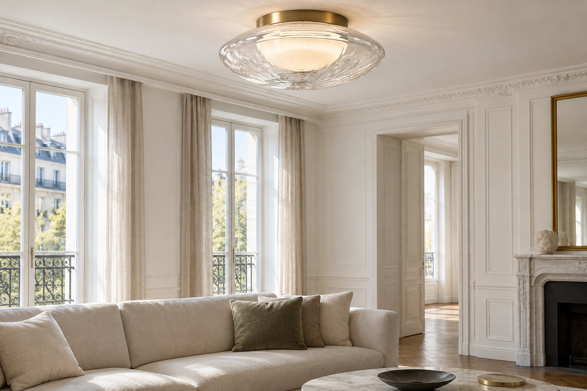 Plafonnier en verre dans un intérieur lumineux, sous une lumière naturelle