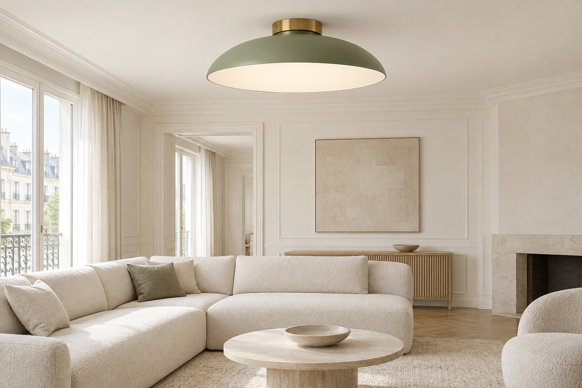 Plafonnier vert dans un intérieur lumineux, sous une lumière naturelle