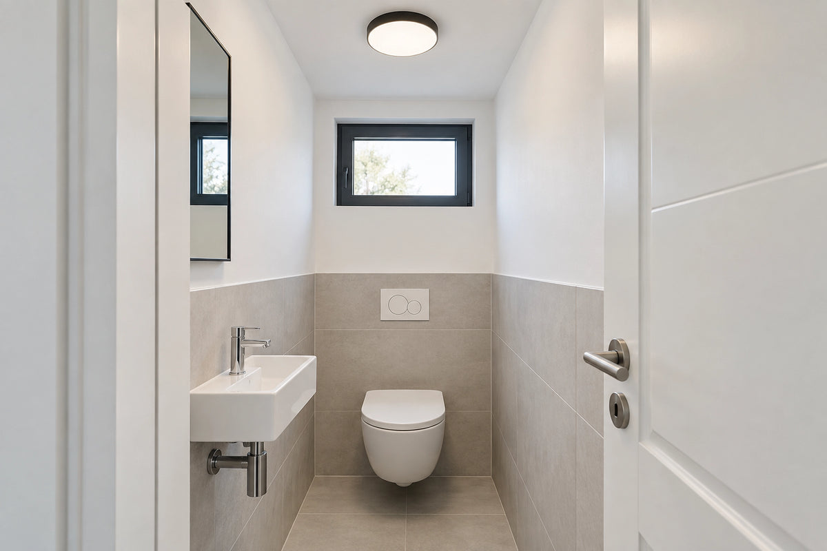 Plafonnier LED WC dans des toilettes lumineuses, sous une lumière naturelle