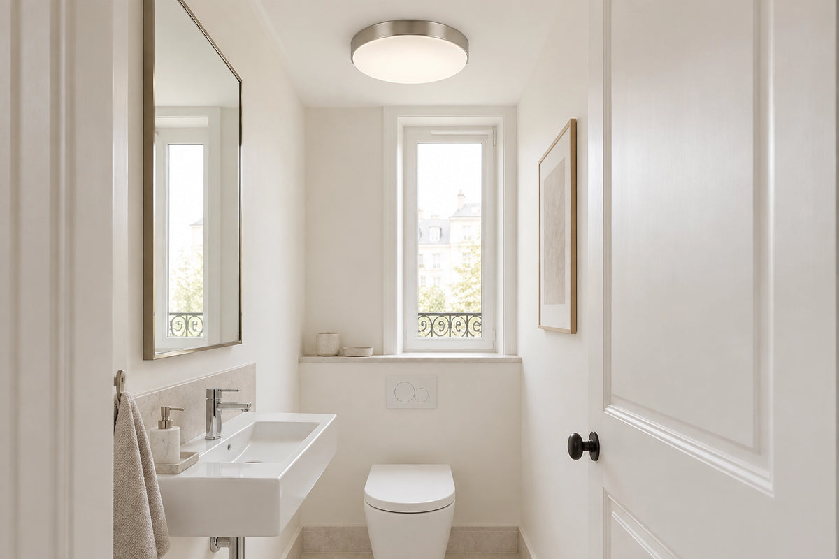 Plafonnier WC dans des toilettes lumineuses, sous une lumière naturelle