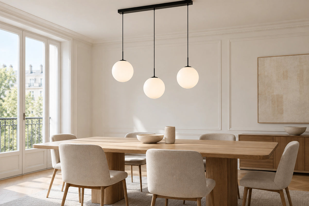 Suspension 3 lampes dans un intérieur lumineux, sous une lumière naturelle