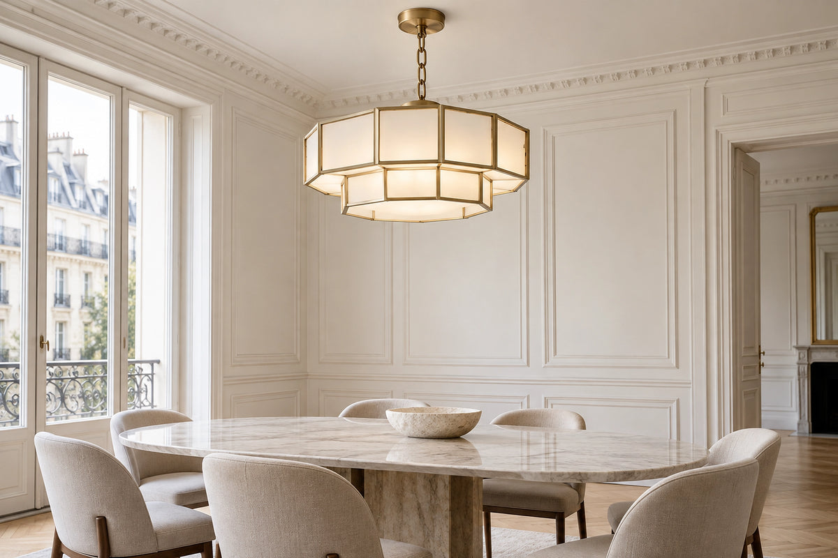 Suspension art déco dans un intérieur lumineux, sous une lumière naturelle