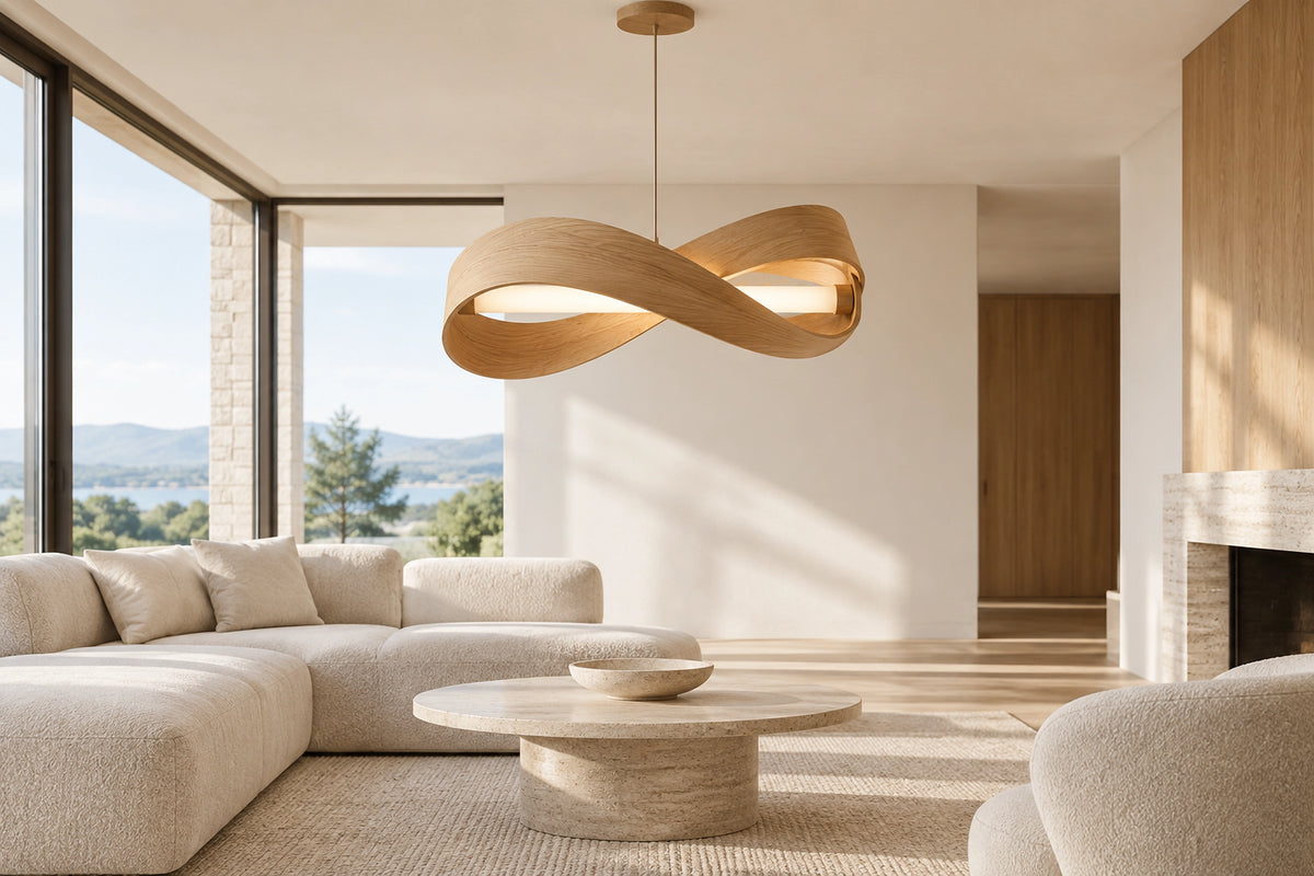 Suspension bois design dans un intérieur lumineux, sous une lumière naturelle
