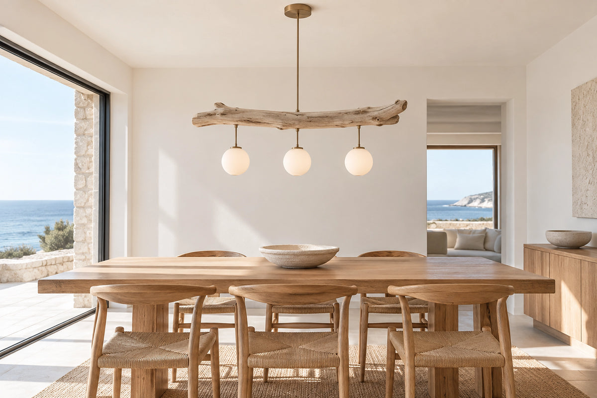 Suspension bois flotté dans un intérieur lumineux, sous une lumière naturelle