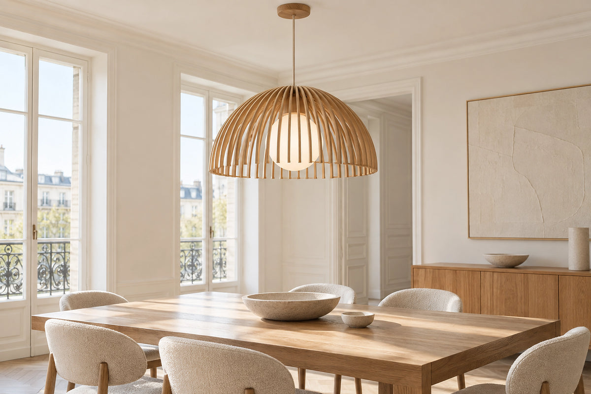 Suspension bois dans un intérieur lumineux, sous une lumière naturelle