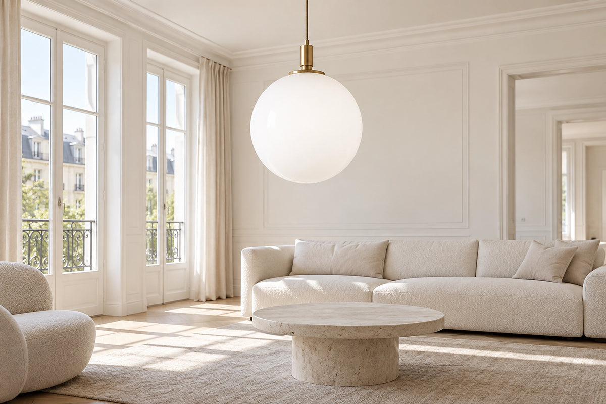 Suspension boule blanche dans un intérieur lumineux, sous une lumière naturelle