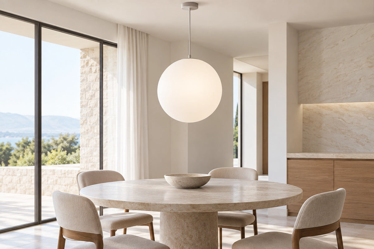 Suspension boule dans un intérieur lumineux, sous une lumière naturelle