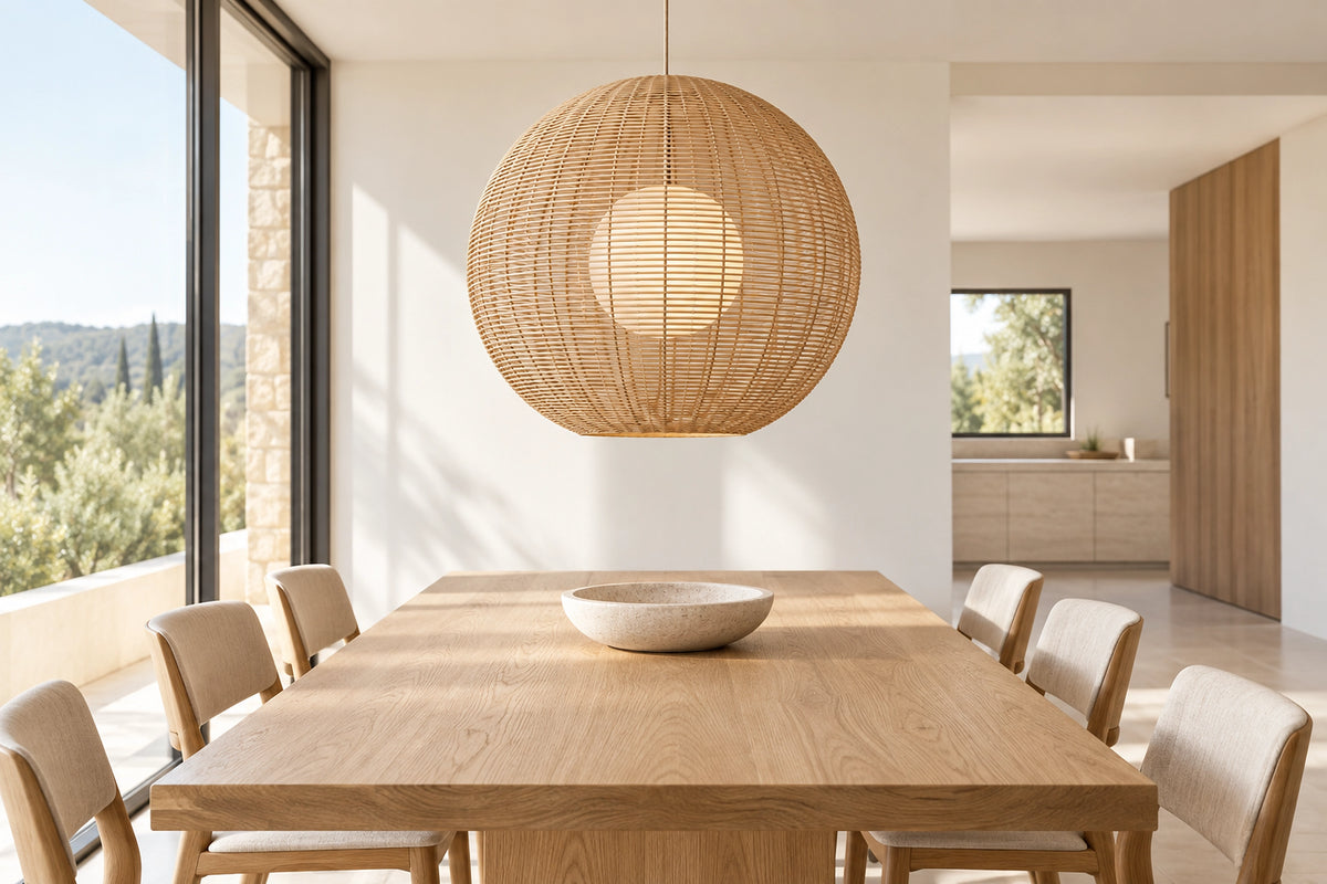 Suspension boule rotin dans un intérieur lumineux, sous une lumière naturelle
