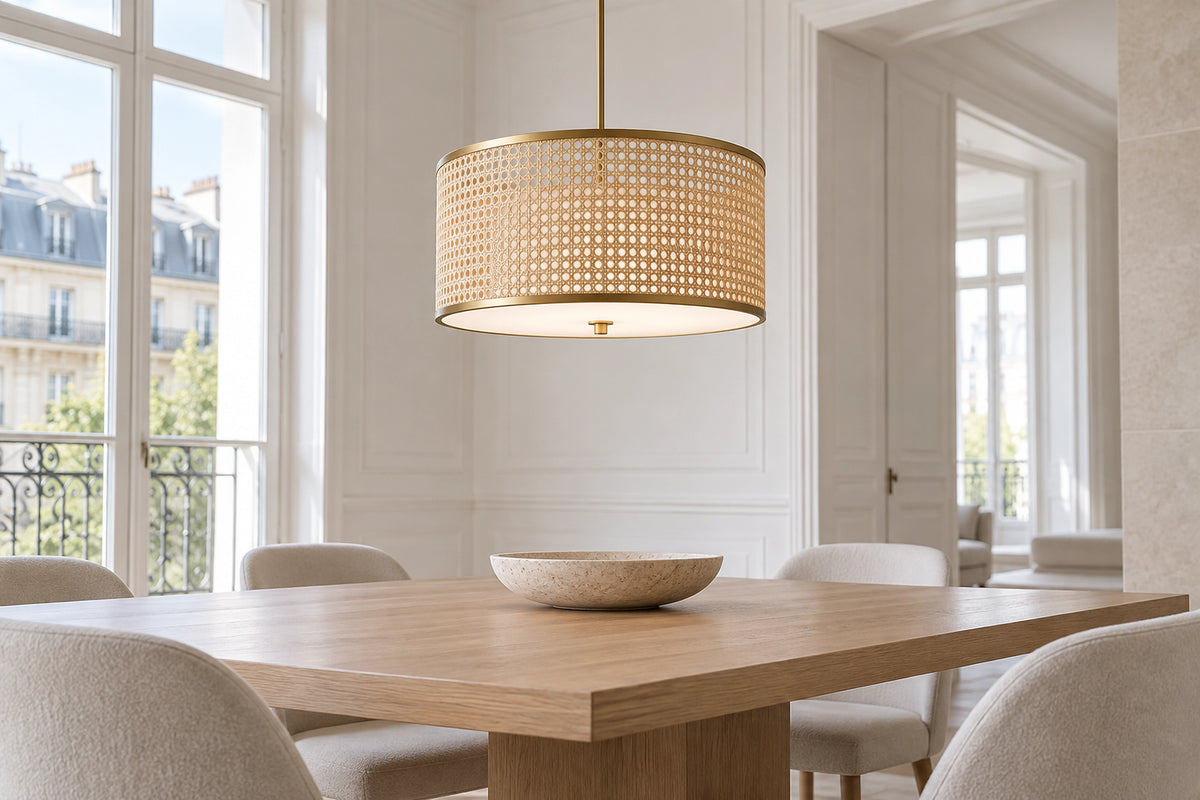 Suspension cannage dans un intérieur lumineux, sous une lumière naturelle