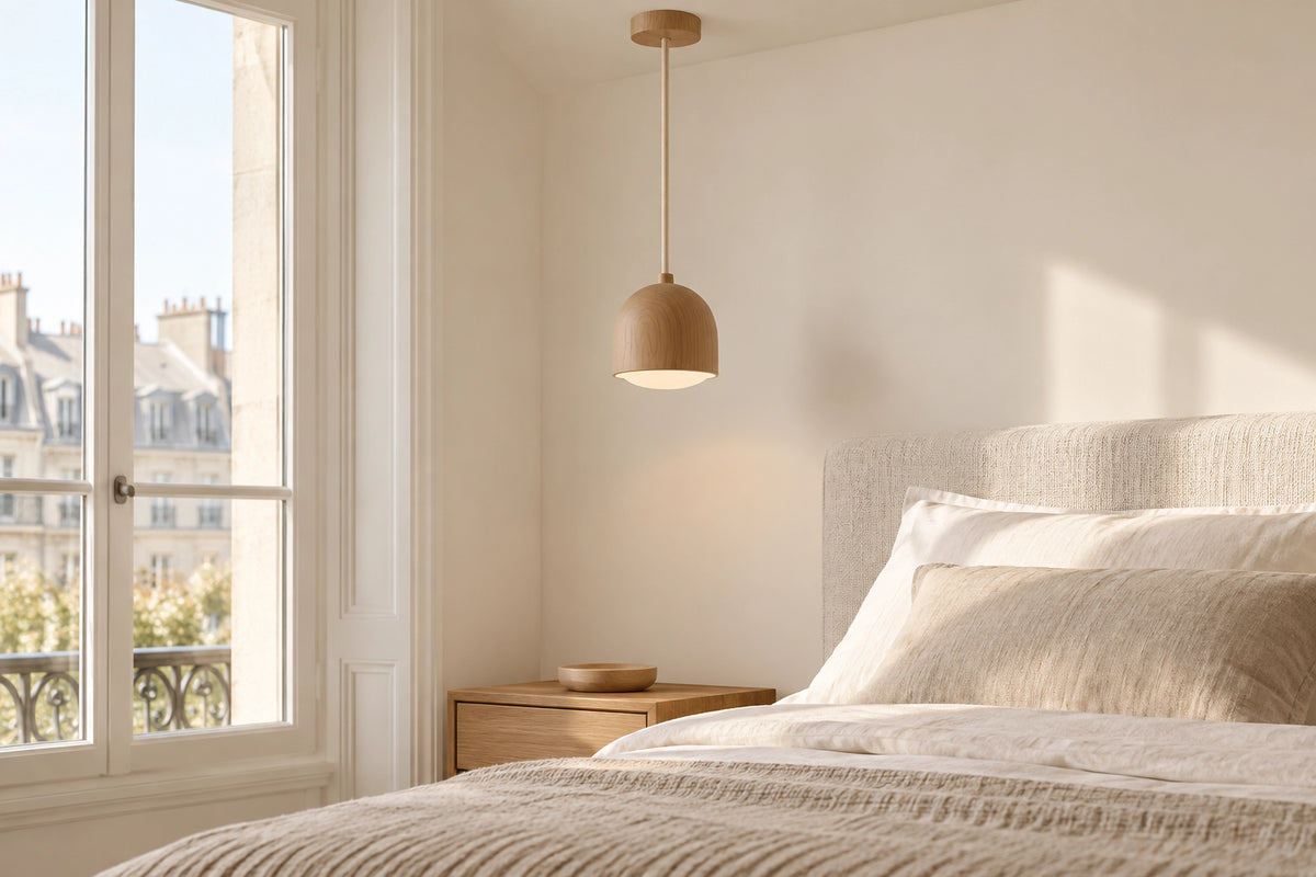 Suspension bois chambre dans une chambre lumineuse, sous une lumière naturelle