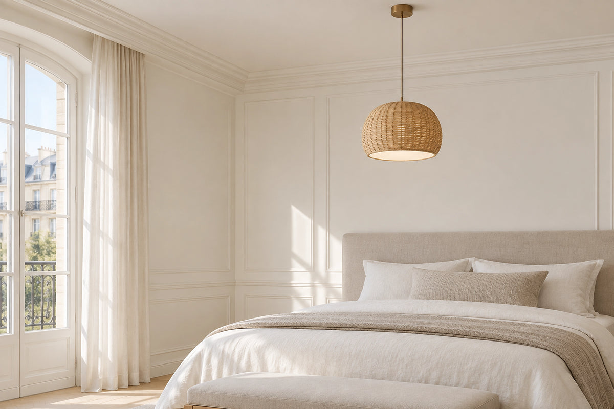 Suspension rotin chambre dans une chambre lumineuse, sous une lumière naturelle
