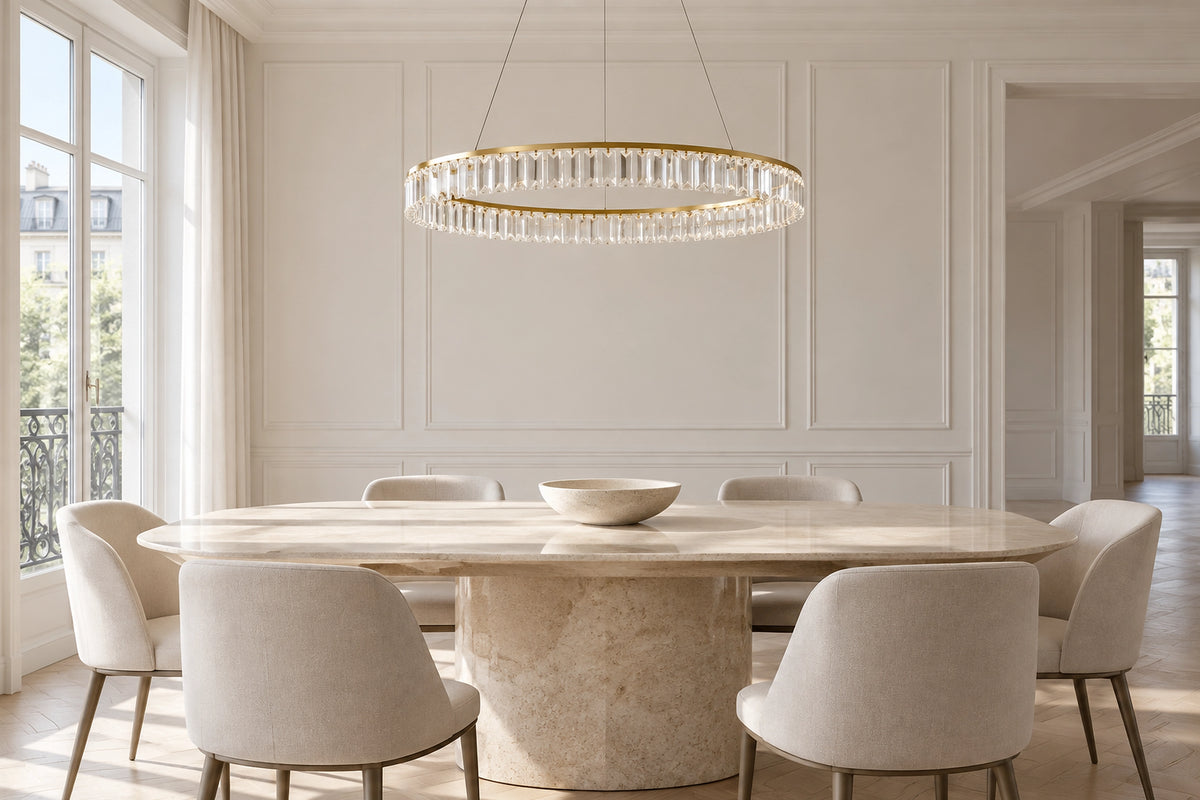 Suspension cristal dans un intérieur lumineux, sous une lumière naturelle
