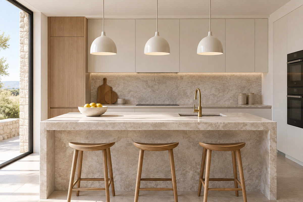 Suspension céramique cuisine dans une cuisine lumineuse, sous une lumière naturelle