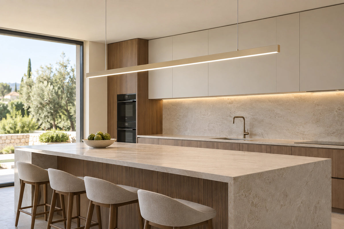 Suspension cuisine LED dans une cuisine lumineuse, sous une lumière naturelle