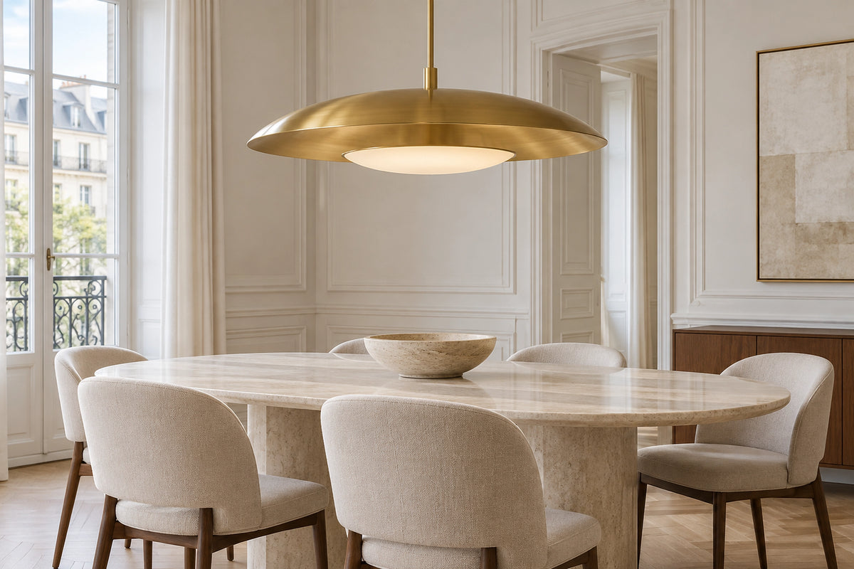 Suspension dorée dans un intérieur lumineux, sous une lumière naturelle