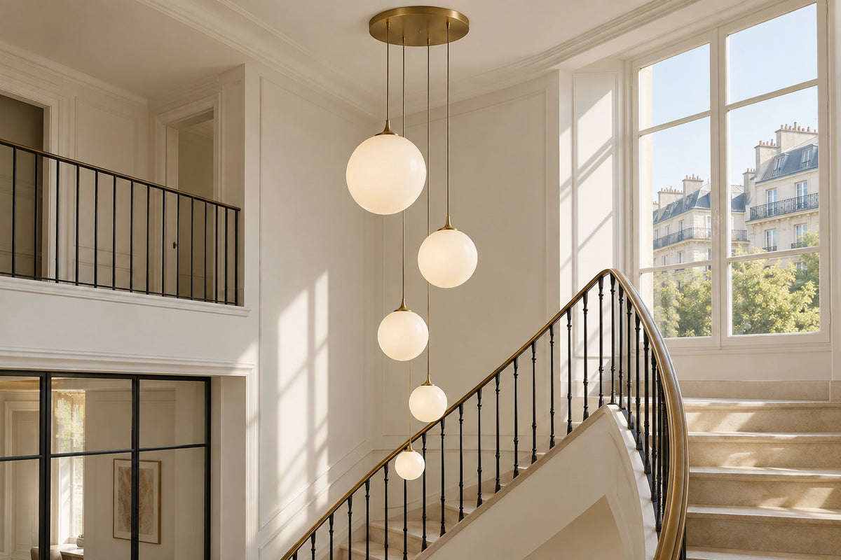 Suspension escalier dans un escalier lumineux, sous une lumière naturelle
