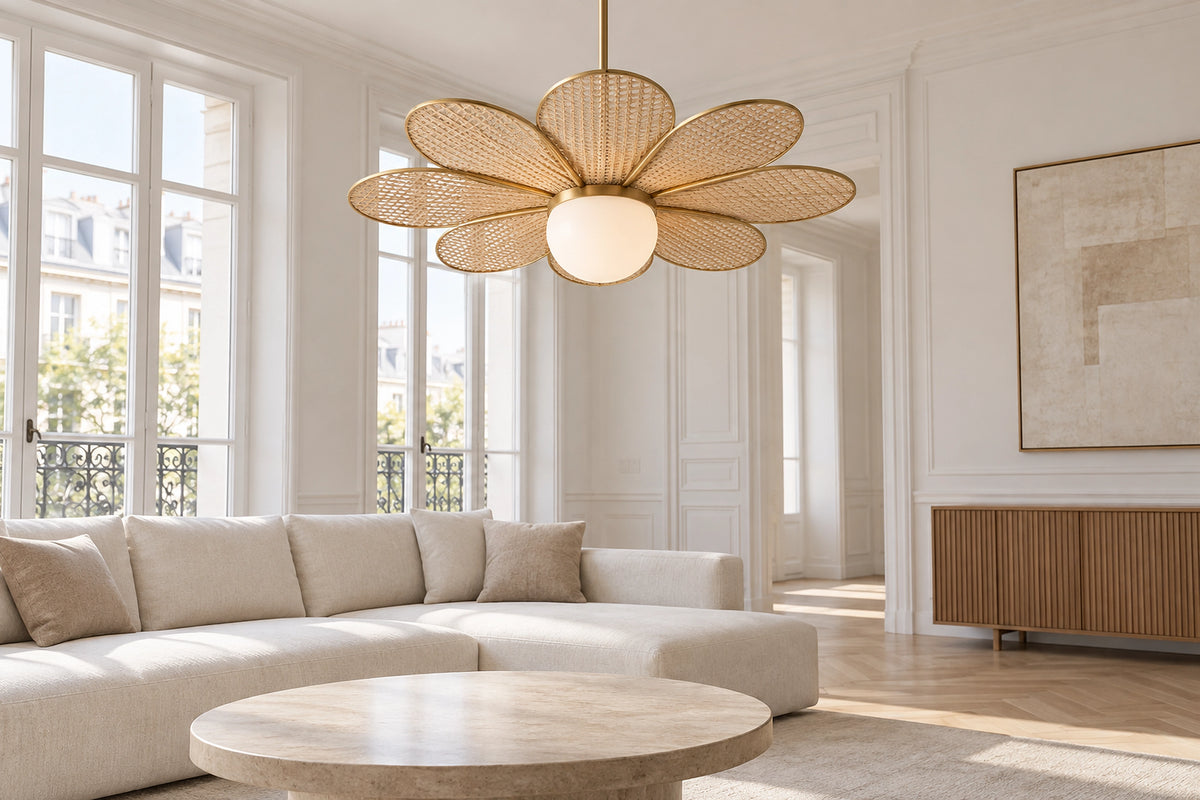 Suspension fleur rotin dans un intérieur lumineux, sous une lumière naturelle