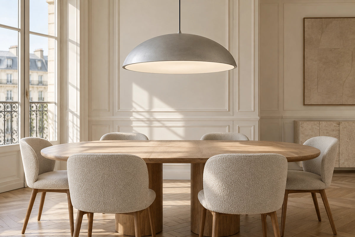 Suspension grise dans un intérieur lumineux, sous une lumière naturelle