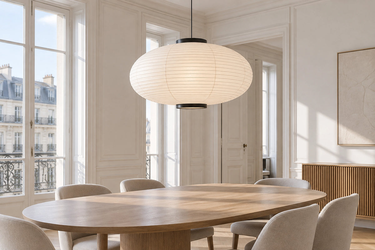 Suspension japonaise dans un intérieur lumineux, sous une lumière naturelle