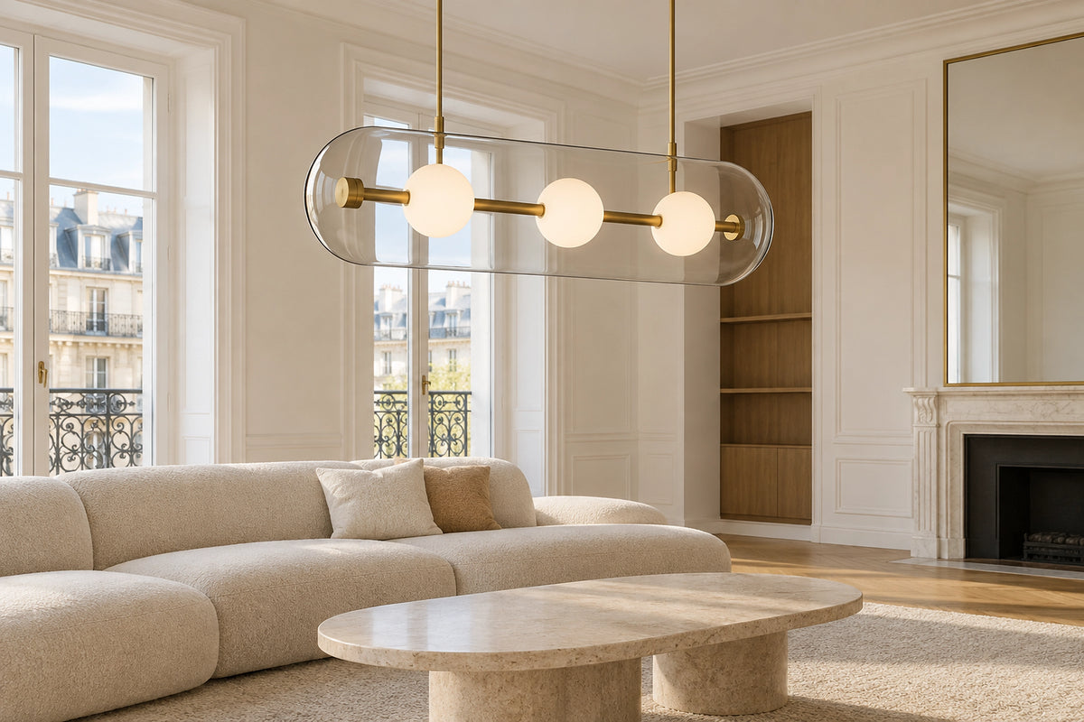 Suspension laiton et verre dans un intérieur lumineux, sous une lumière naturelle