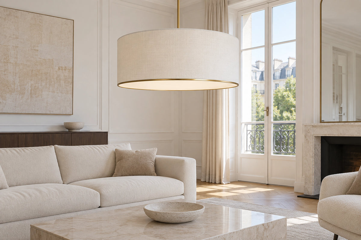 Suspension en lin dans un intérieur lumineux, sous une lumière naturelle