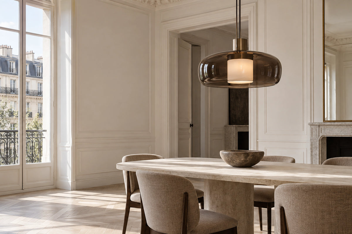 Suspension marron dans un intérieur lumineux, sous une lumière naturelle