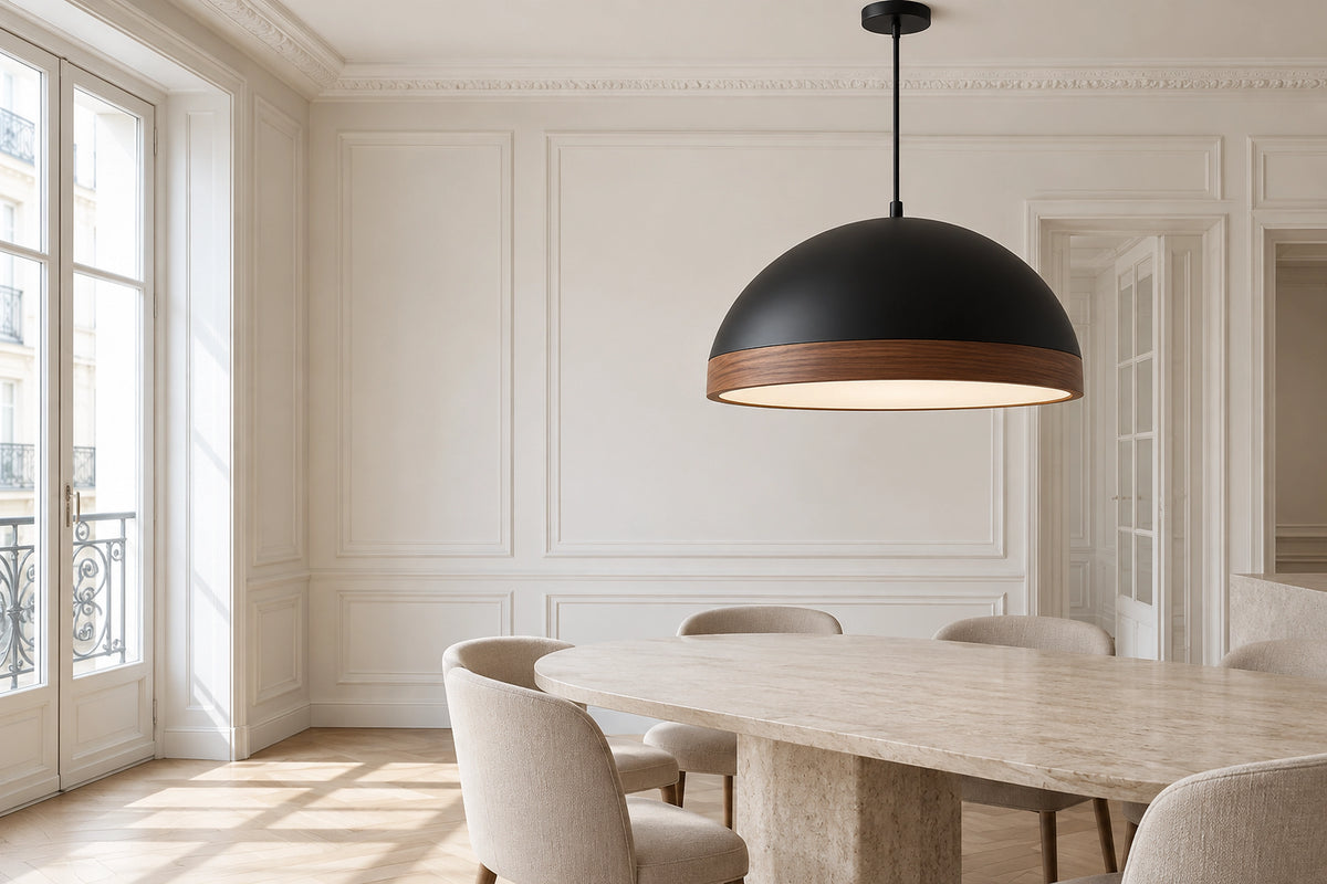 Suspension noir et bois dans un intérieur lumineux, sous une lumière naturelle