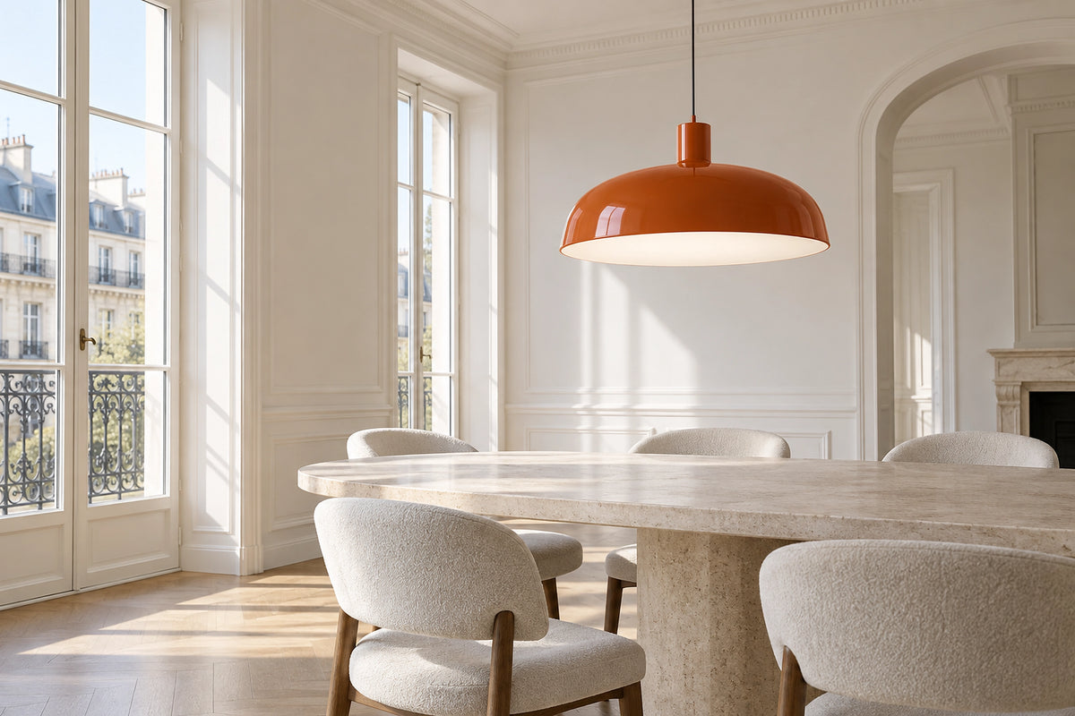 Suspension orange dans un intérieur lumineux, sous une lumière naturelle