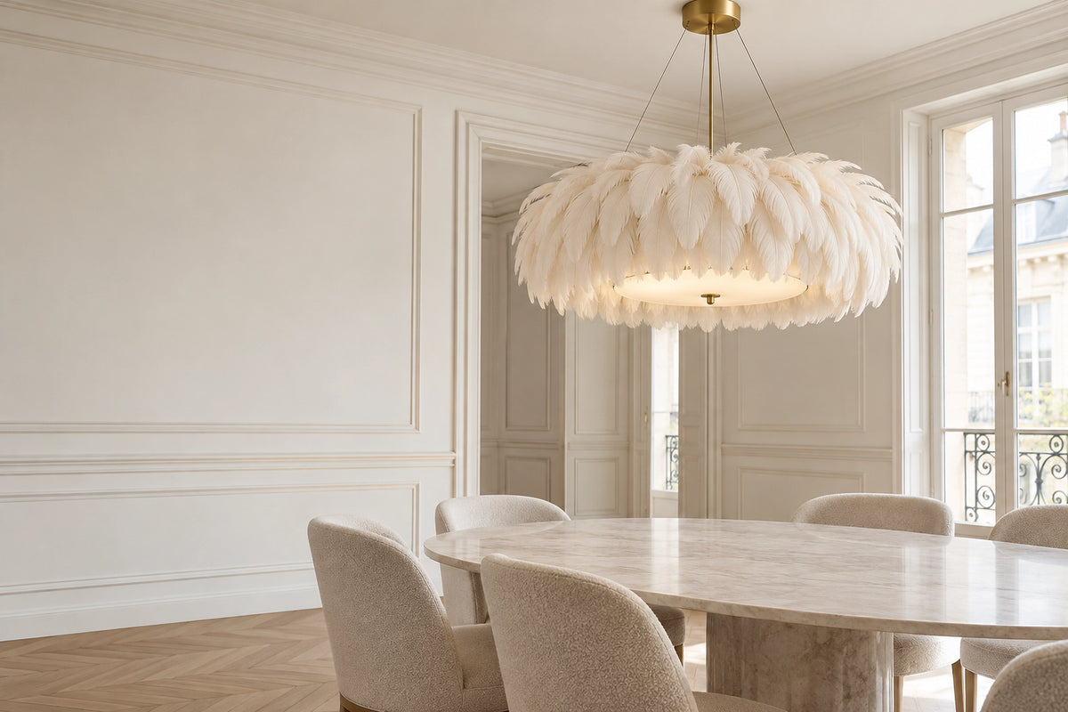 Suspension plume dans un intérieur lumineux, sous une lumière naturelle