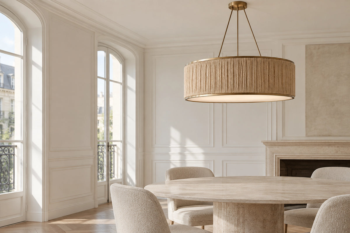 Suspension raphia dans un intérieur lumineux, sous une lumière naturelle
