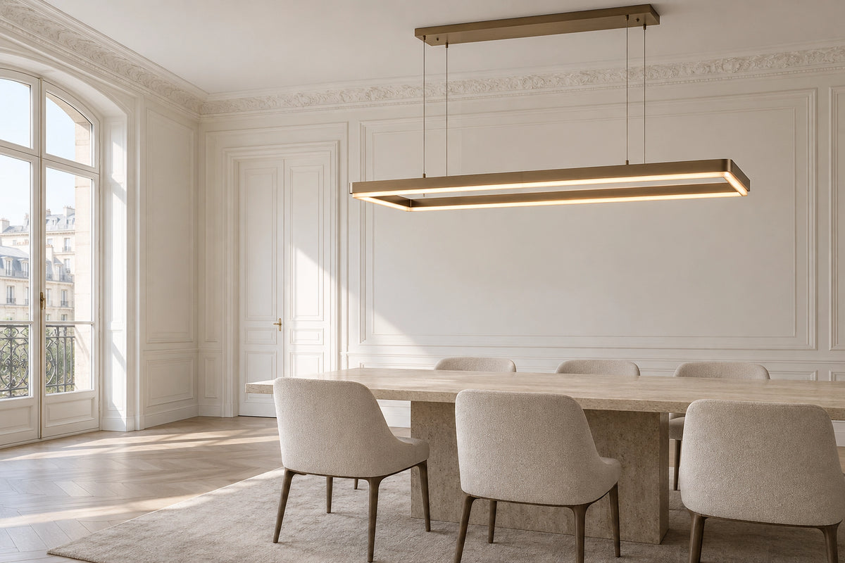 Suspension rectangulaire dans un intérieur lumineux, sous une lumière naturelle
