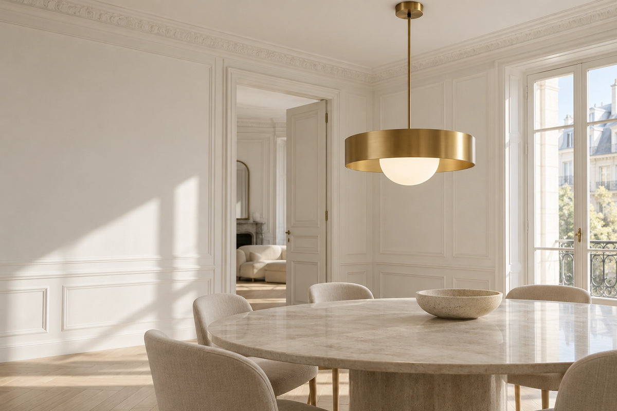 Suspension ronde dans un intérieur lumineux, sous une lumière naturelle